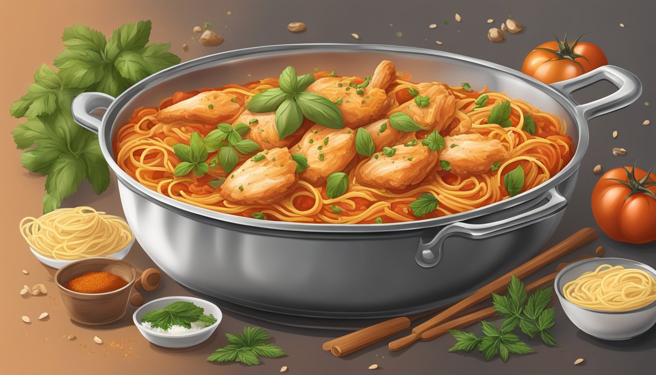 A bubbling pot of spaghetti with chunks of juicy chicken, simmering in a rich and savory tomato sauce, surrounded by Texan spices and herbs