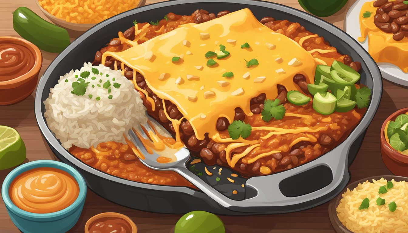 A sizzling skillet of Texas cheese enchiladas topped with melted cheese and a savory red sauce, surrounded by colorful garnishes and served with a side of refried beans and rice