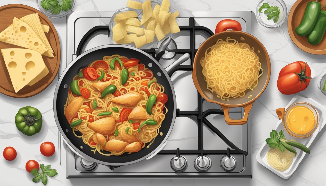 A pot on a stove with chicken, spaghetti, tomatoes, and cheese. Ingredients like onion, bell pepper, and jalapeno are nearby