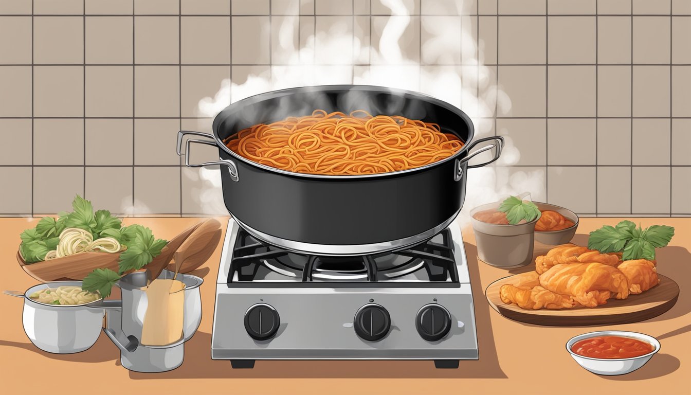 A large pot of boiling spaghetti, chunks of seasoned chicken, and a rich tomato sauce simmering on the stove