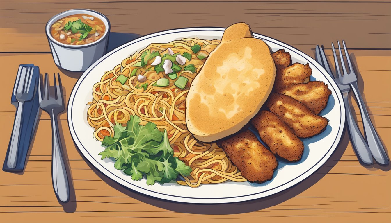 A steaming plate of Texas chicken spaghetti with a side of garlic bread and a colorful salad