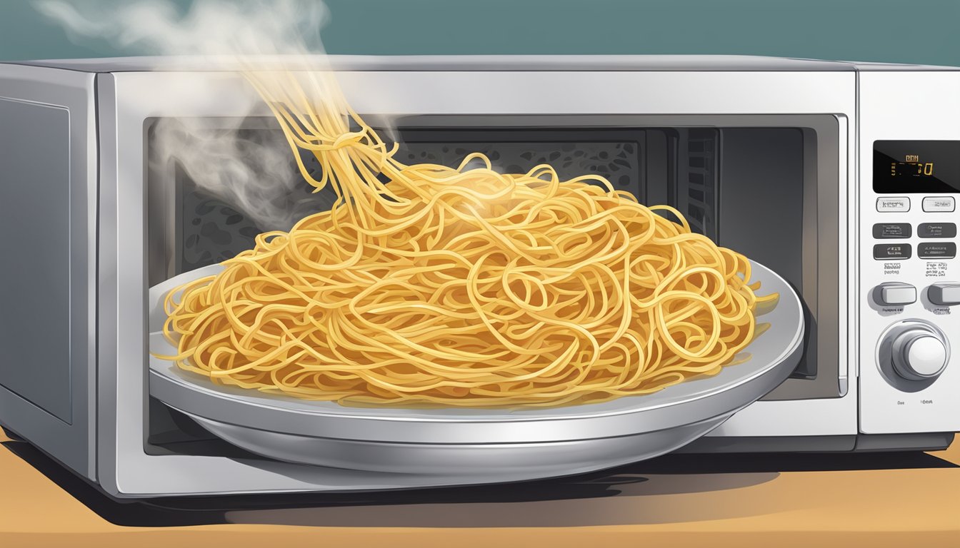 A steaming plate of Texas chicken spaghetti being reheated in a microwave