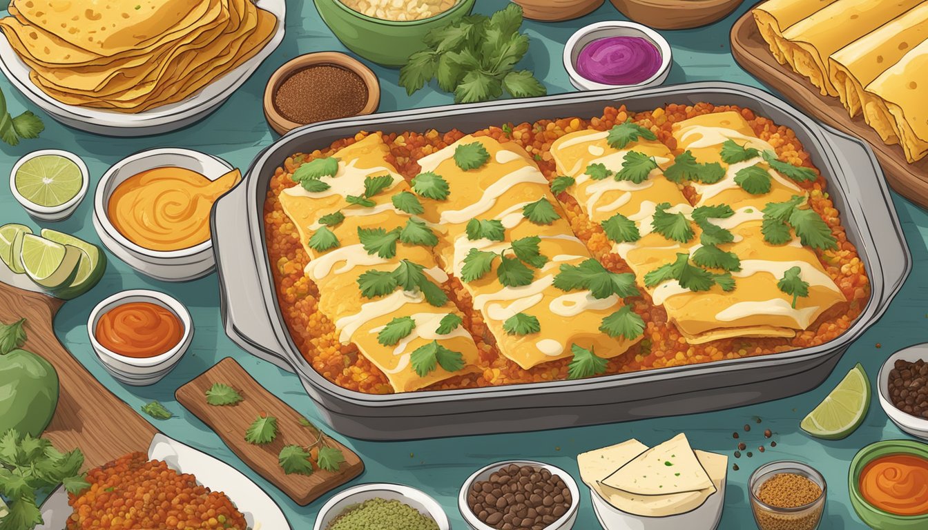 A steaming plate of Texas cheese enchiladas, surrounded by colorful regional ingredients and spices