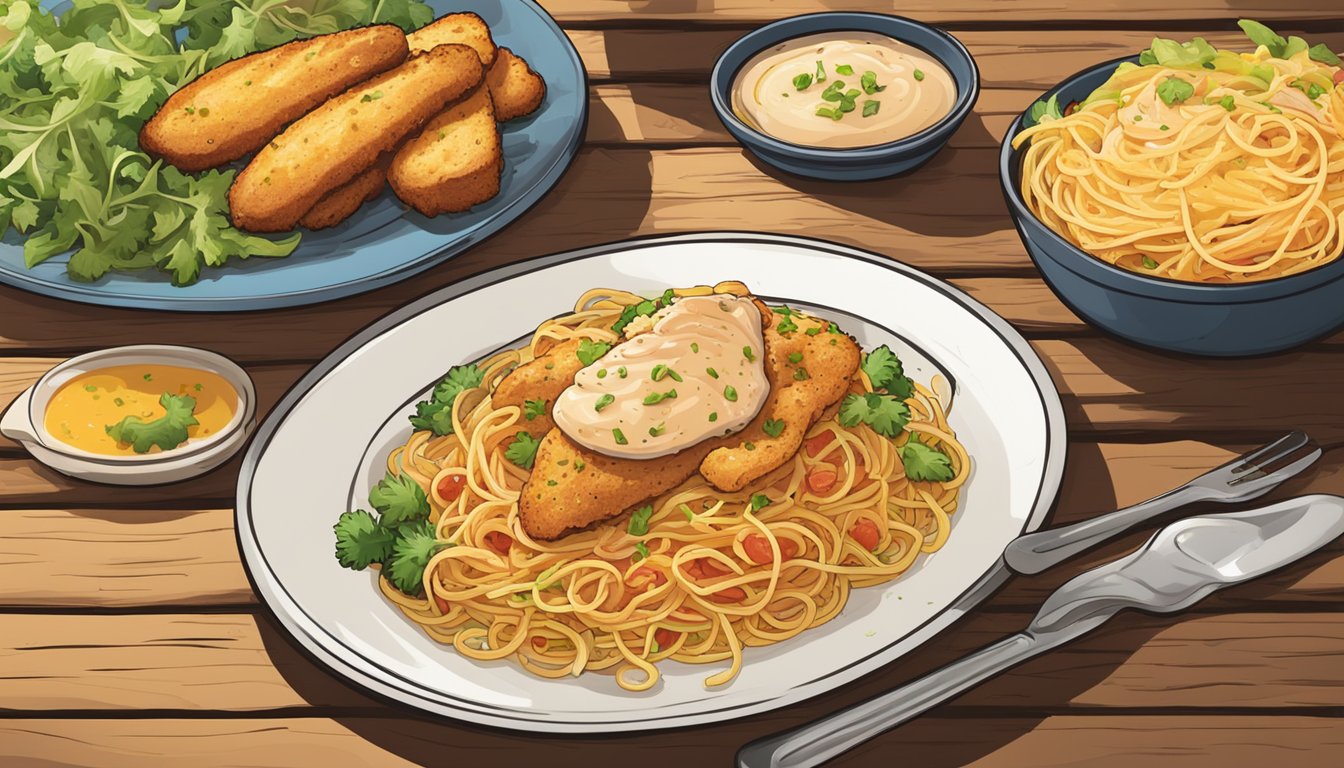 A steaming plate of Texas chicken spaghetti being served on a rustic wooden table with a side of garlic bread and a colorful salad