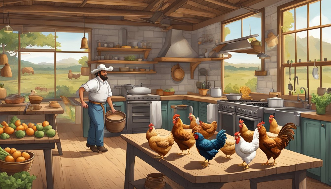 A Texas farm with chickens roaming freely, a rustic kitchen with chefs cooking chalupas, and a map of Texas on the wall