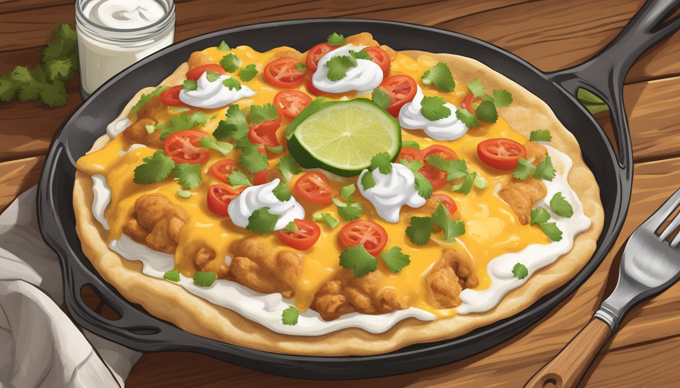 A sizzling skillet of Texas chicken chalupas, topped with melted cheese, fresh salsa, and a dollop of sour cream, sits on a rustic wooden table