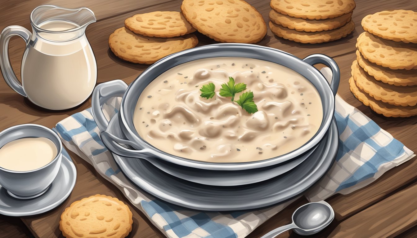 A rustic kitchen table with a steaming bowl of creamy Texas country gravy, surrounded by freshly baked biscuits and a pitcher of milk