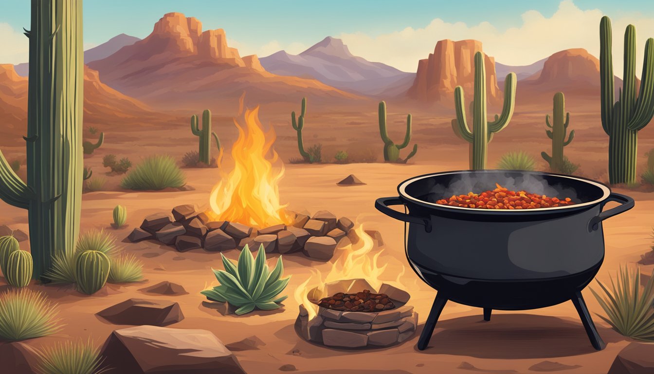 A rustic cowboy campfire with a large cast iron pot simmering authentic Texas chili, surrounded by desert landscape and cacti