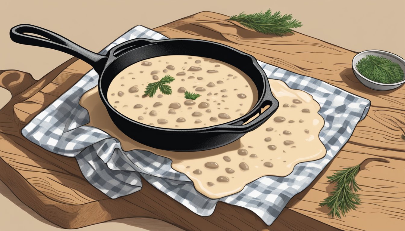 A cast iron skillet filled with creamy, thick country gravy simmering over a stovetop, with a wooden spoon resting on the edge