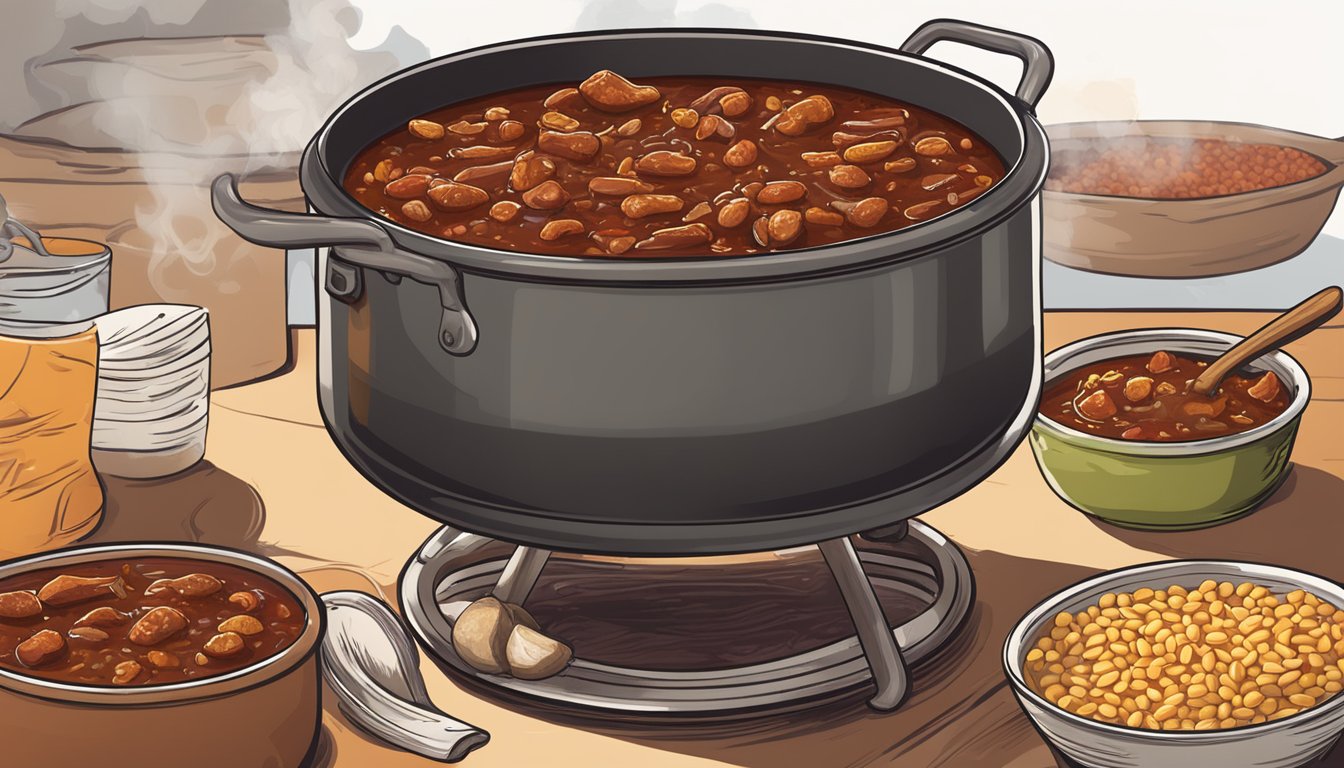 A steaming pot of Texas cowboy chili simmering over an open flame, filled with chunks of tender beef, hearty beans, and a rich, spicy sauce