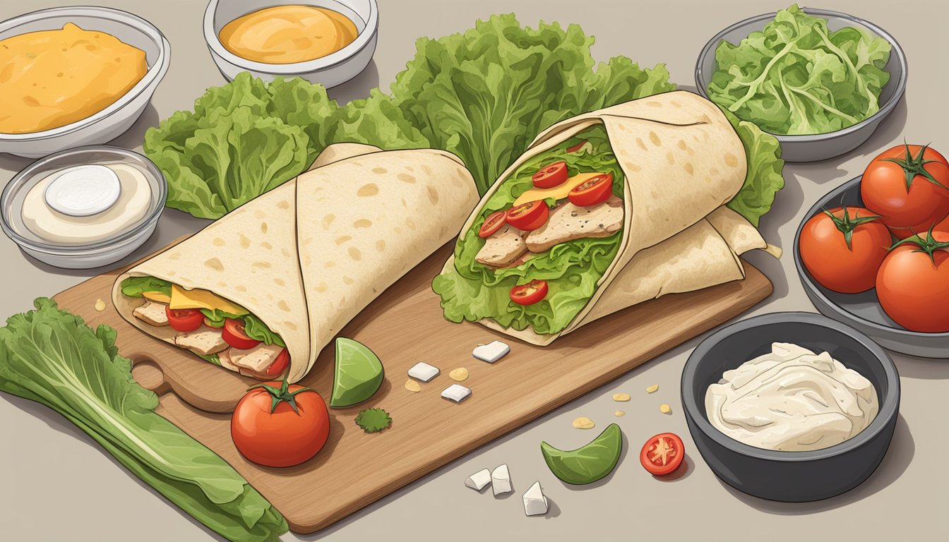 Ingredients arranged on a clean surface, a tortilla filled with seasoned chicken, cheese, lettuce, and tomatoes, folded and ready to be cooked