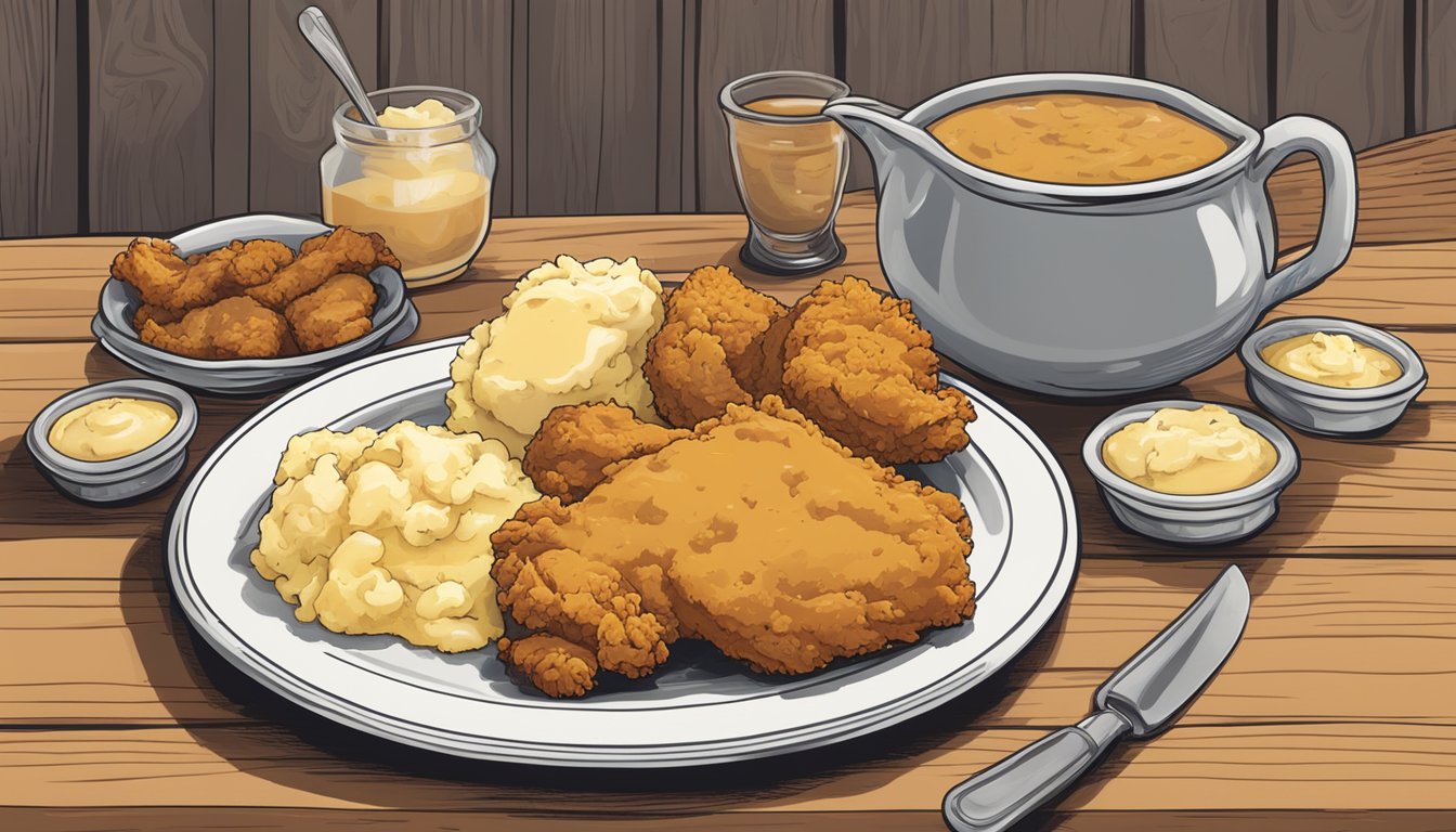 A plate of fried chicken and mashed potatoes with texas country gravy, accompanied by a side of buttery cornbread