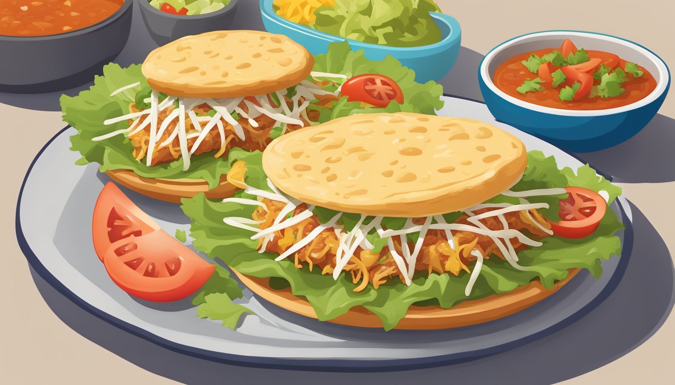 Two crispy chalupas topped with shredded chicken, lettuce, tomatoes, and cheese, served on a colorful plate with a side of salsa