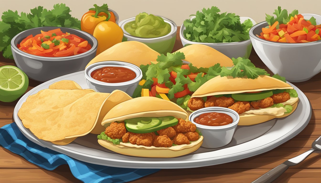 A table with a plate of Texas chicken chalupas surrounded by colorful vegetables and a side of salsa