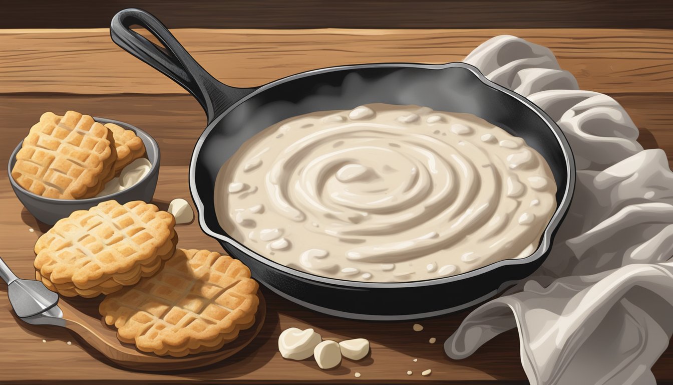 A steaming skillet of creamy white country gravy being poured over a pile of flaky buttermilk biscuits on a rustic wooden table