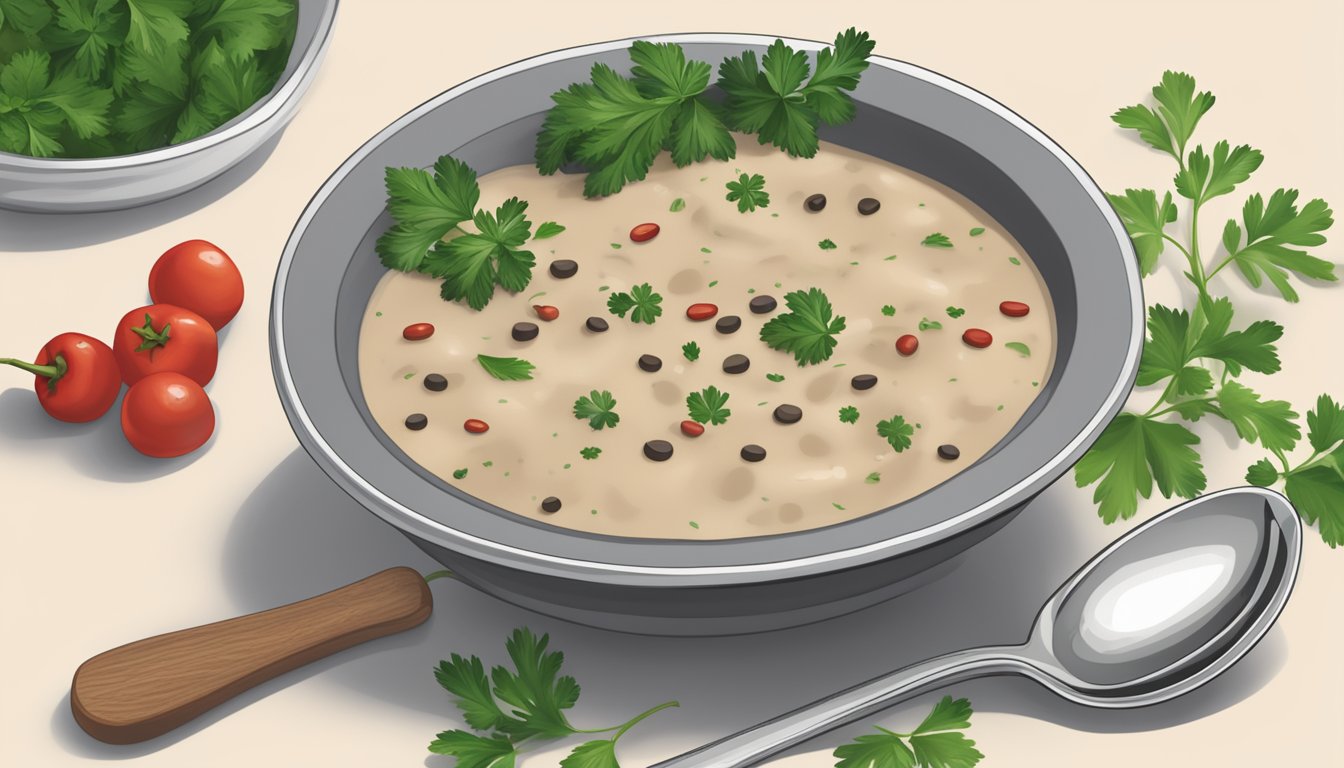 A steaming bowl of Texas country gravy with a spoon resting on the side, surrounded by scattered peppercorns and a sprig of fresh parsley