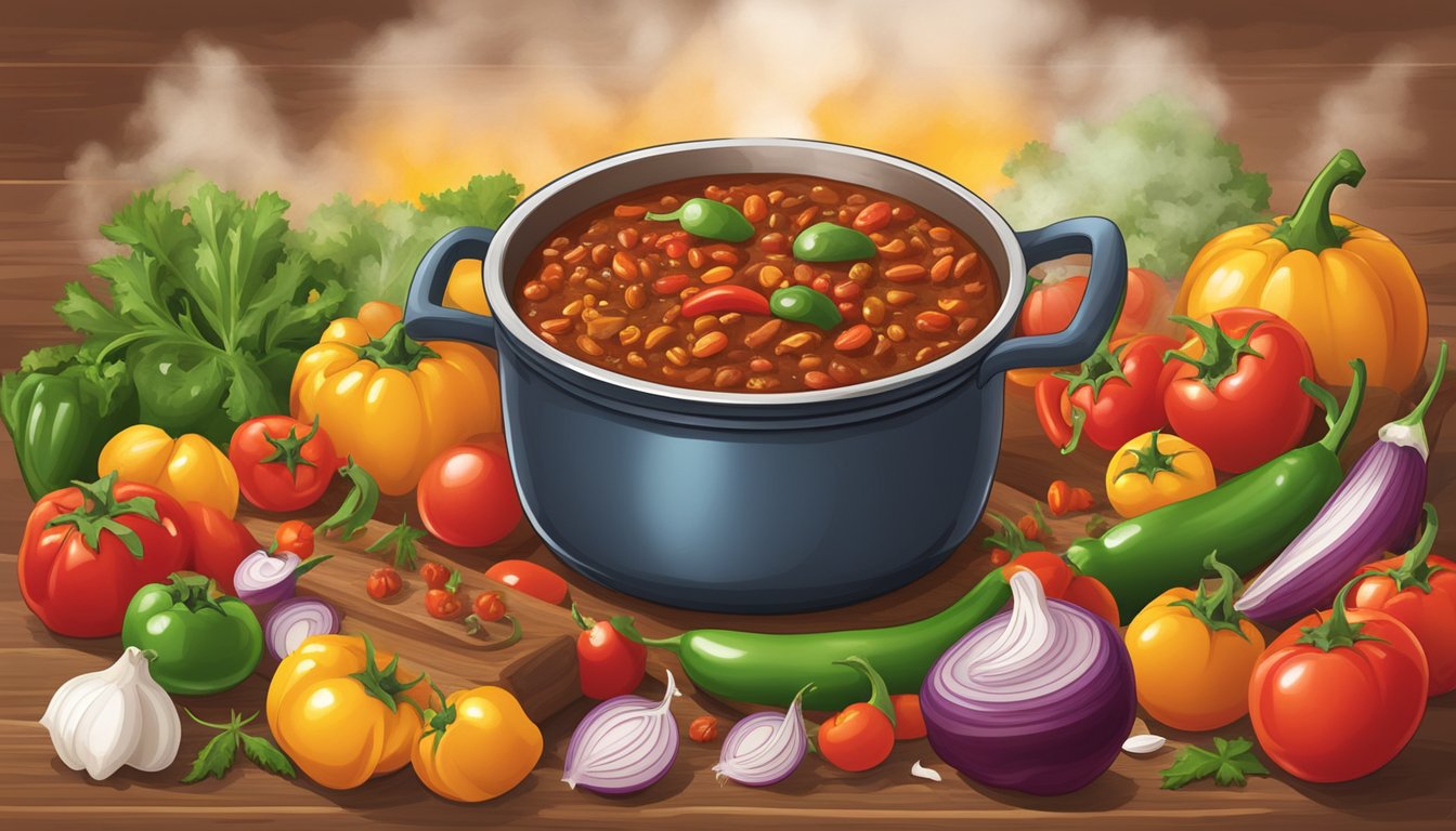 A steaming pot of Texas cowboy chili surrounded by colorful fresh ingredients like tomatoes, onions, and peppers