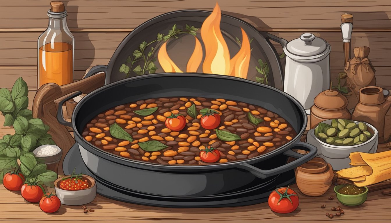 A rustic kitchen with a cast iron pot simmering over an open flame, surrounded by ingredients like beans, tomatoes, and spices