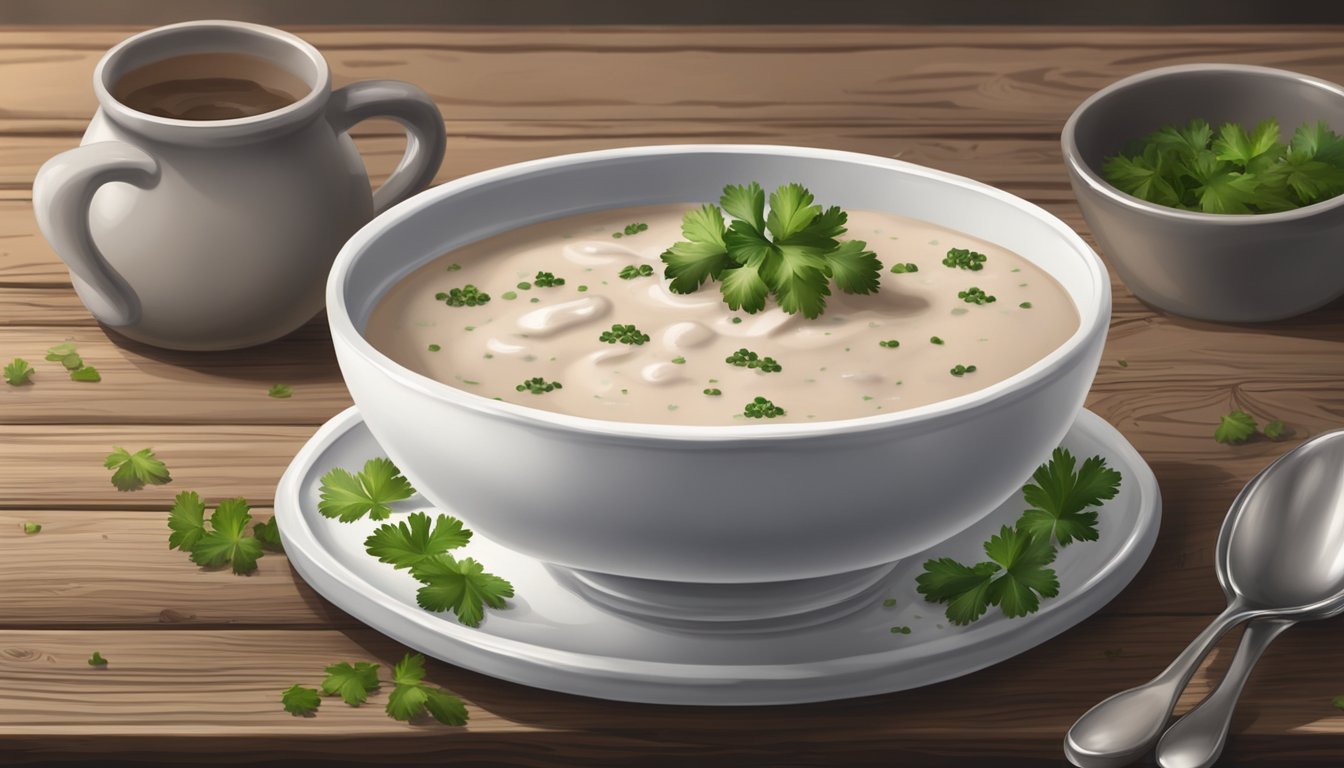 A steaming white ceramic bowl filled with thick, creamy Texas country gravy, garnished with a sprinkle of black pepper and a sprig of fresh parsley, sits on a rustic wooden table