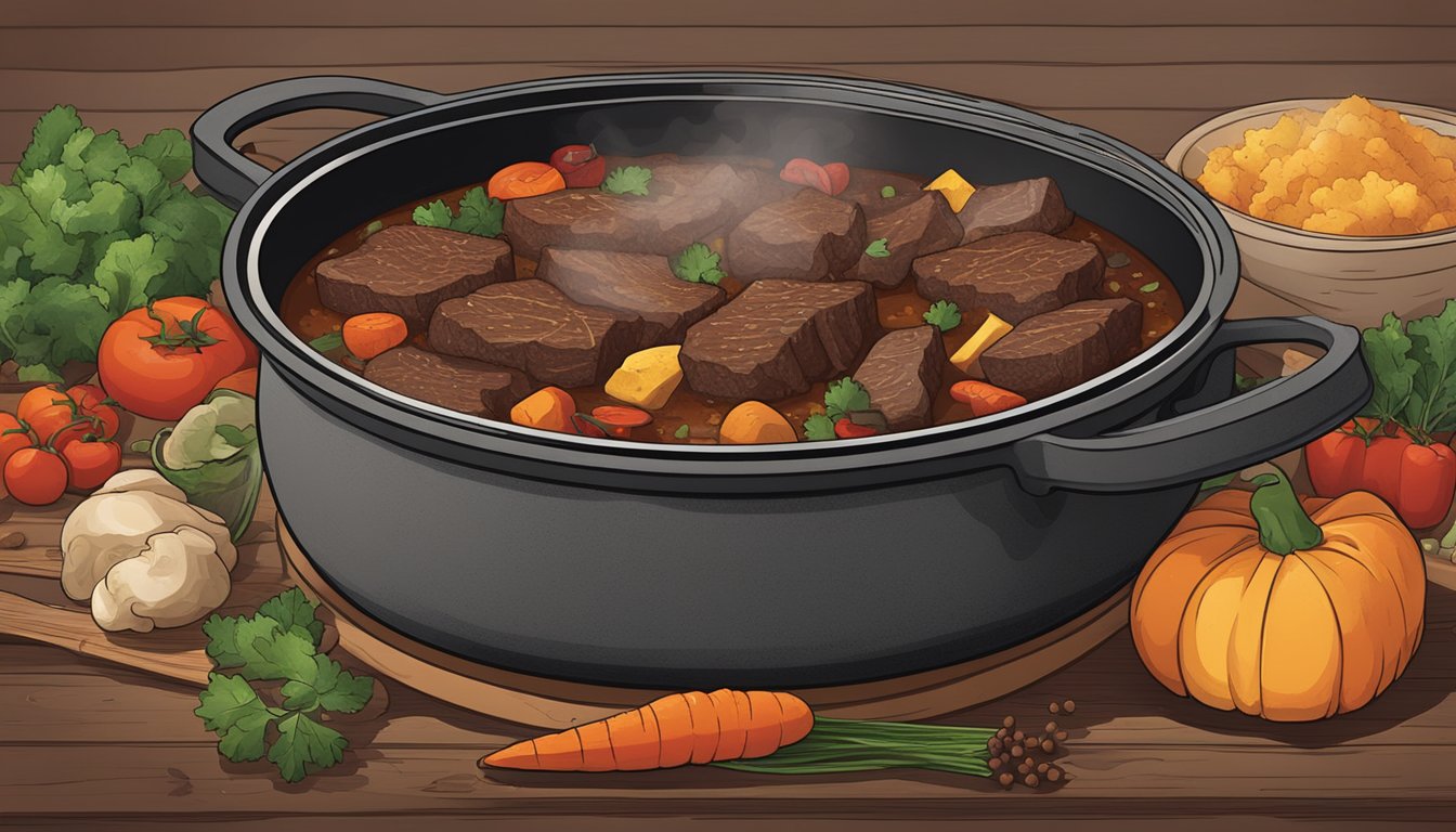 A rustic, cast-iron pot simmering over an open flame, filled with chunks of tender beef, hearty vegetables, and fragrant spices