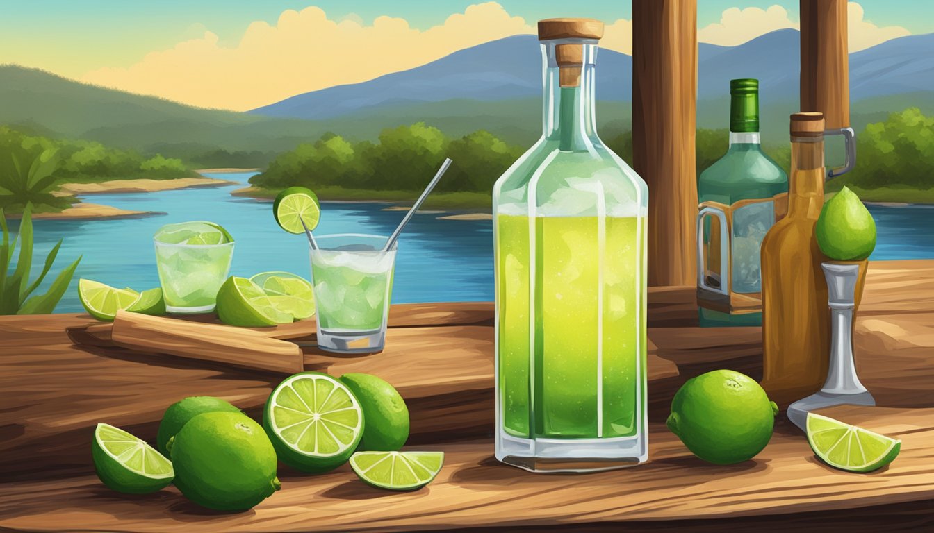 A rustic wooden bar with a row of fresh limes, a bottle of tequila, and a pitcher of margaritas surrounded by vibrant Texas scenery