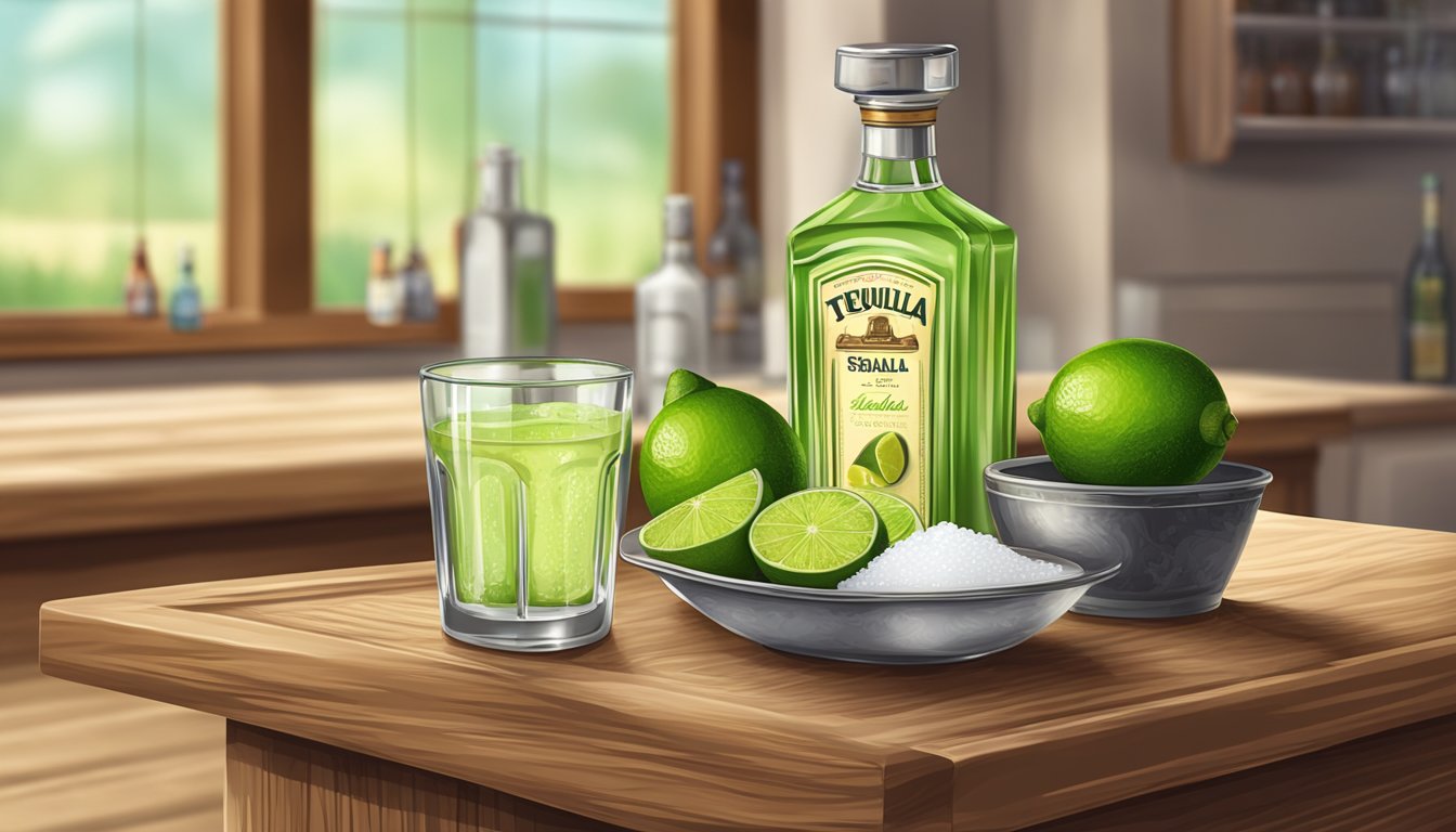 A wooden bar counter with a pitcher of fresh lime juice, a bottle of tequila, and a bowl of salt