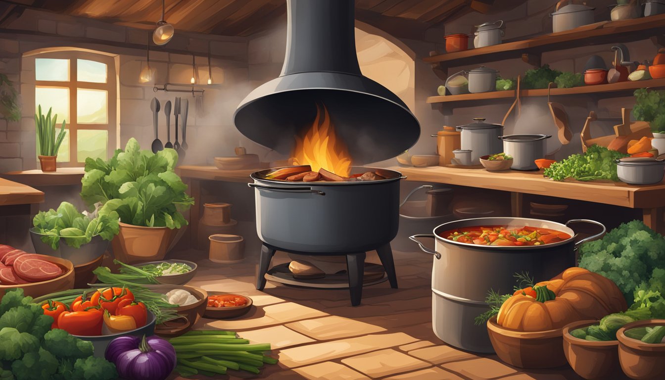 A rustic kitchen with a large pot simmering over an open fire, surrounded by various fresh vegetables, herbs, and cuts of beef