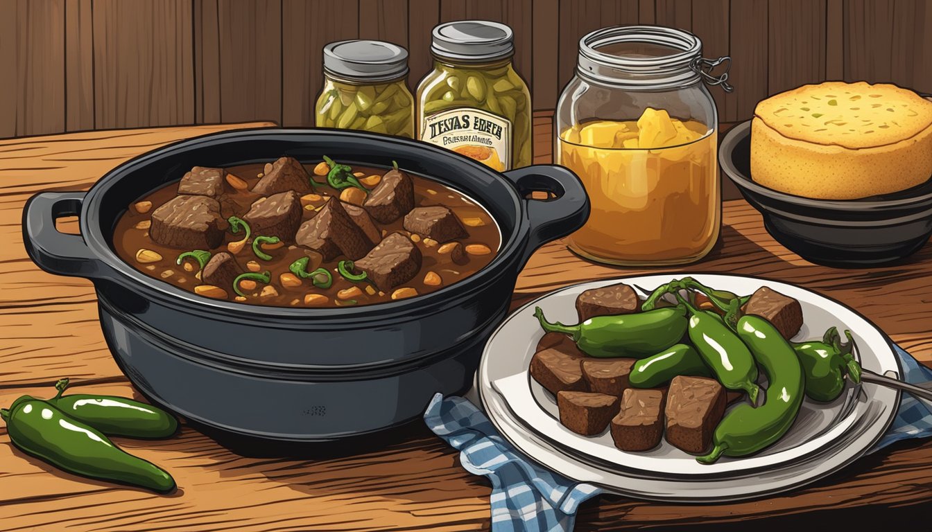 A rustic wooden table set with a steaming bowl of Texas cowboy beef stew, surrounded by a cast iron skillet of cornbread and a jar of pickled jalapenos