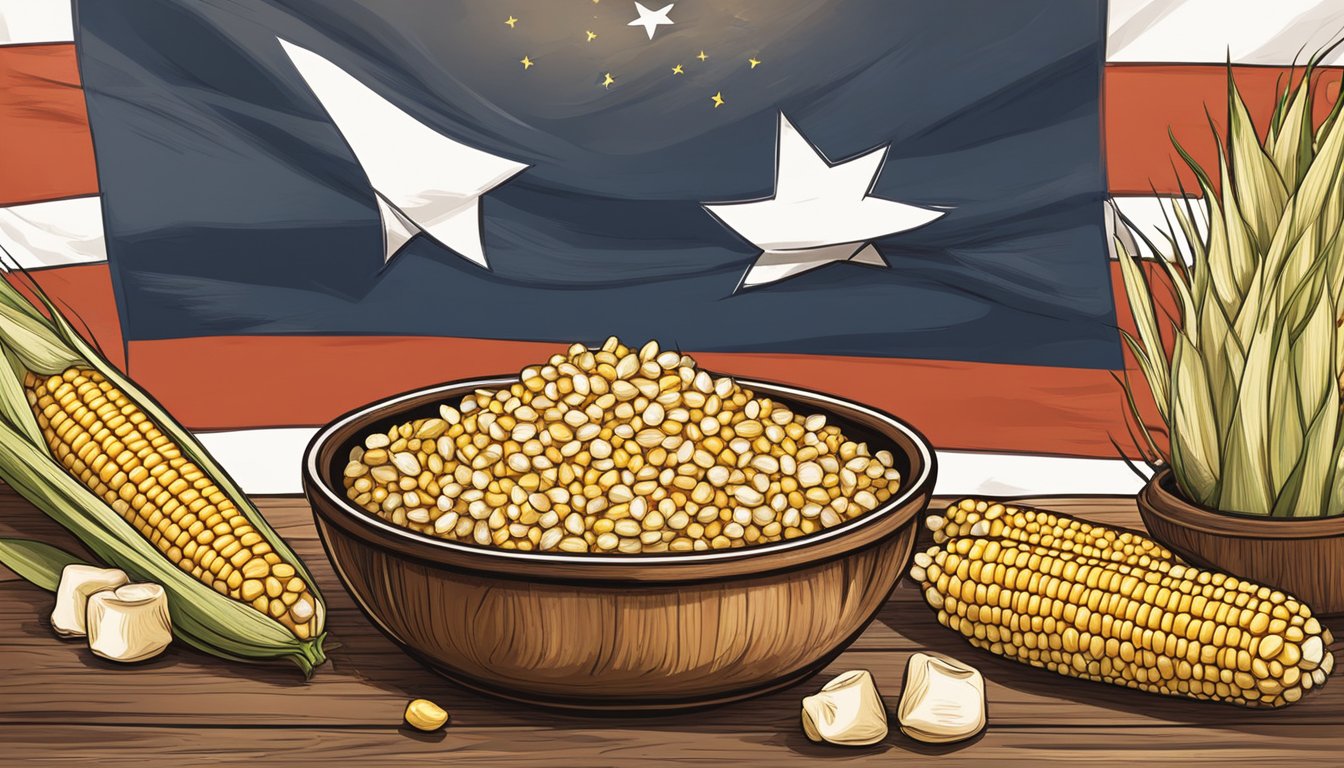 A rustic wooden table set with a steaming bowl of creamy corn, surrounded by fresh corn cobs and a Texas flag