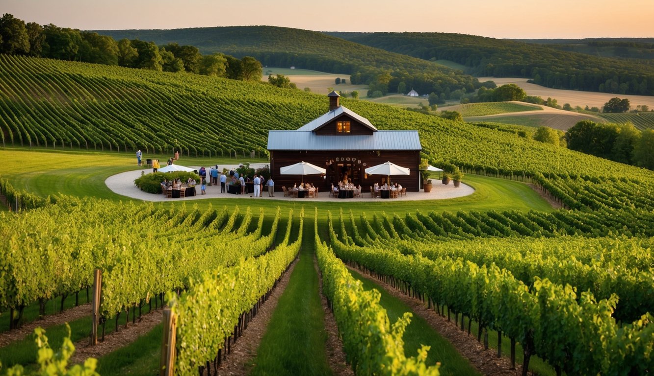 Lush vineyards stretch across rolling hills, leading to a historic winery and distillery in Wisconsin. Tourists sample wines and spirits in the rustic tasting room