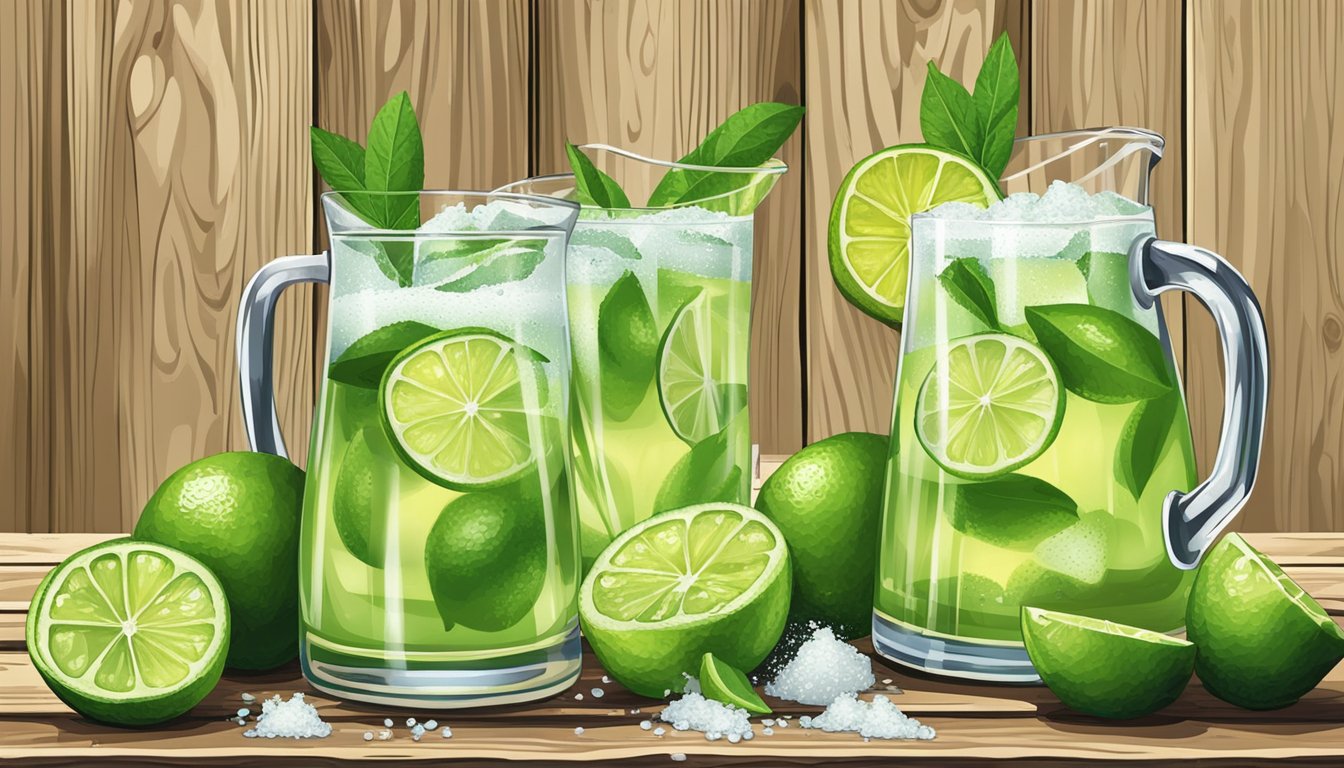 A pitcher of margaritas surrounded by sliced limes and salt rimmed glasses on a rustic wooden table