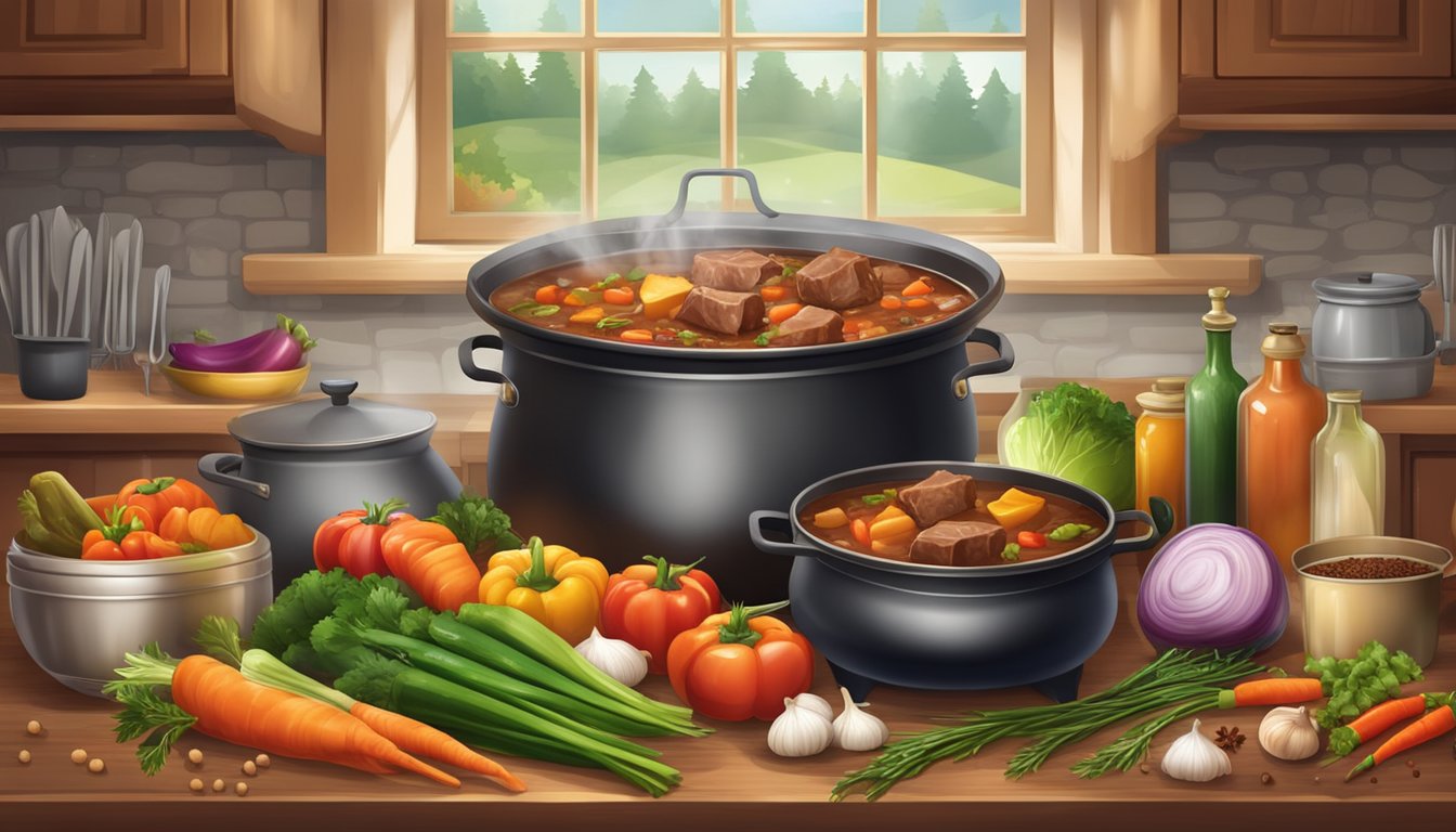 A rustic kitchen with a bubbling pot of hearty beef stew simmering on a stove, surrounded by an array of fresh vegetables and savory spices