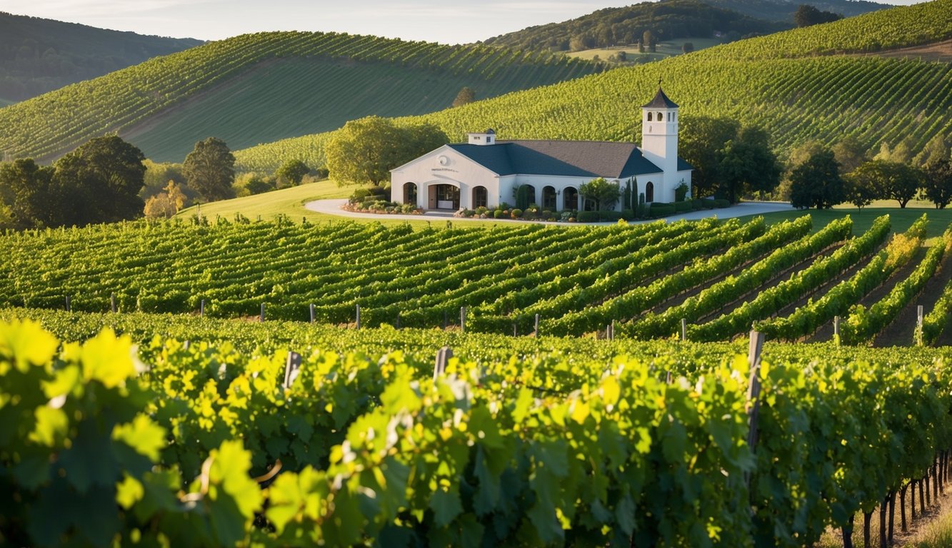 Lush vineyard with rolling hills, grapevines, and a winery building