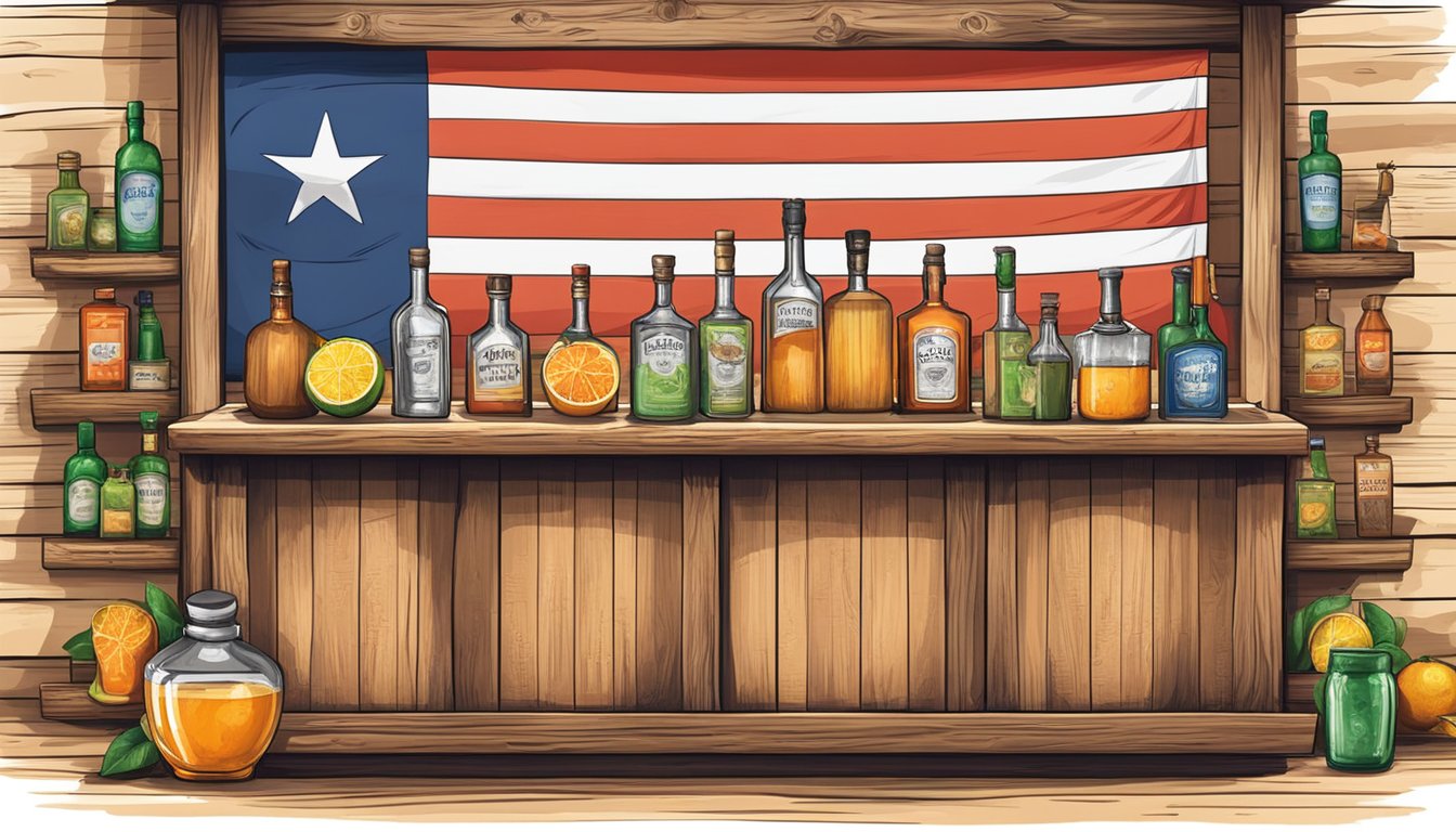 A rustic wooden bar with a variety of fresh citrus fruits, bottles of tequila, and shakers. A Texas flag hangs in the background