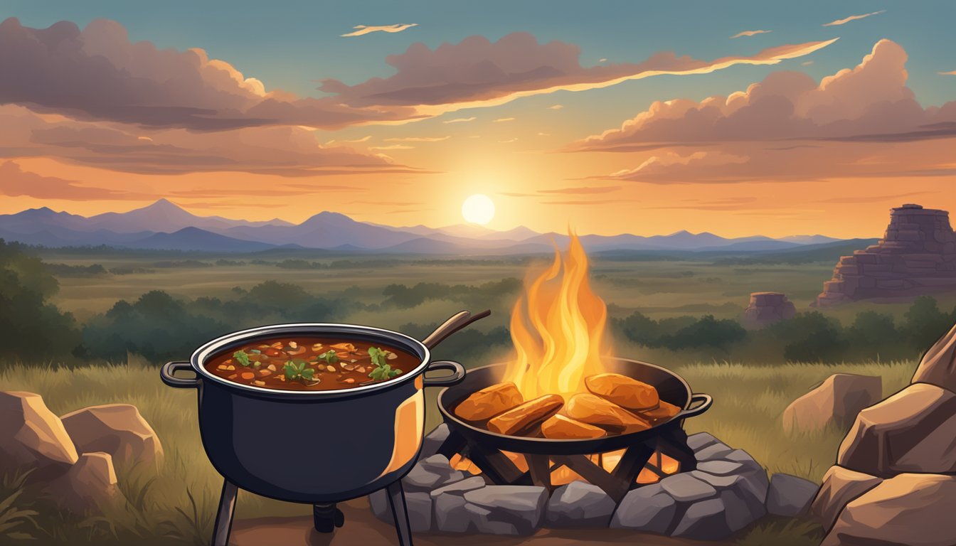 A rustic Texas cowboy beef stew simmering over an open fire, surrounded by the iconic landscape of the Lone Star State