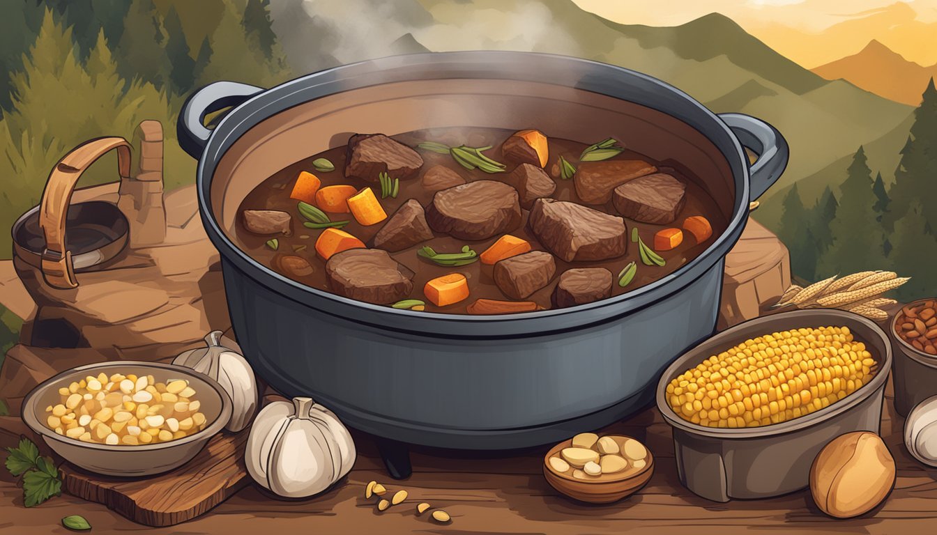 A pot of hearty beef stew simmering over a campfire, surrounded by rustic ingredients like beans, corn, and potatoes