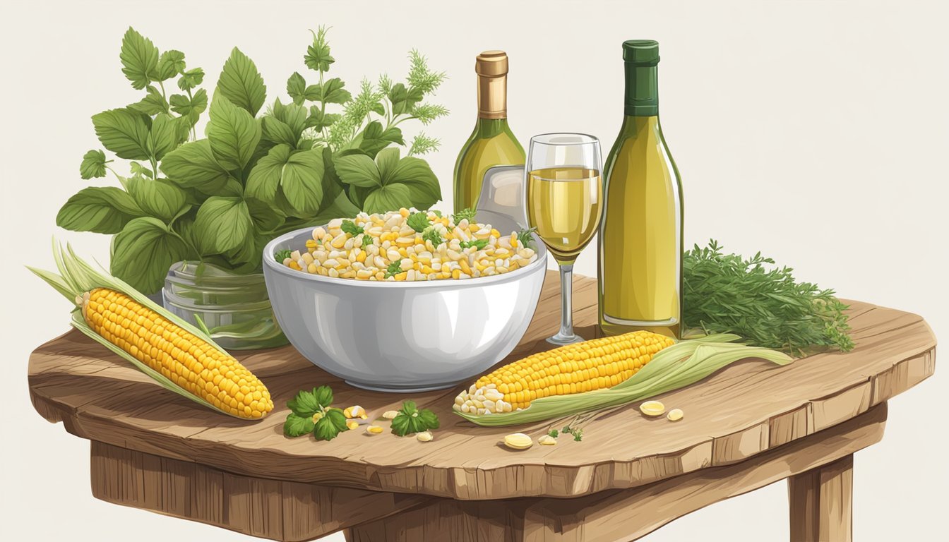 A rustic wooden table with a bowl of creamy corn, surrounded by fresh herbs, a loaf of bread, and a bottle of white wine