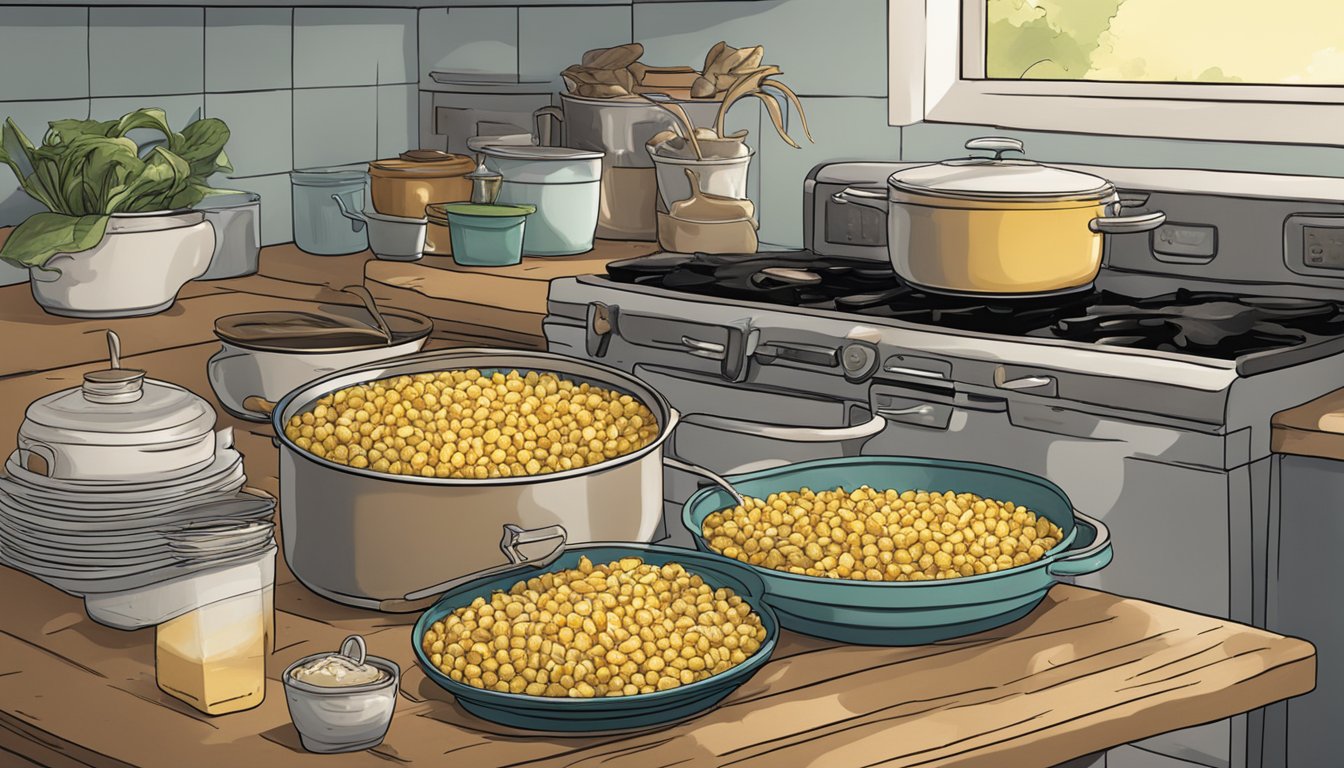 A pot of creamy corn sits on a stove beside containers of leftovers in a Texan kitchen