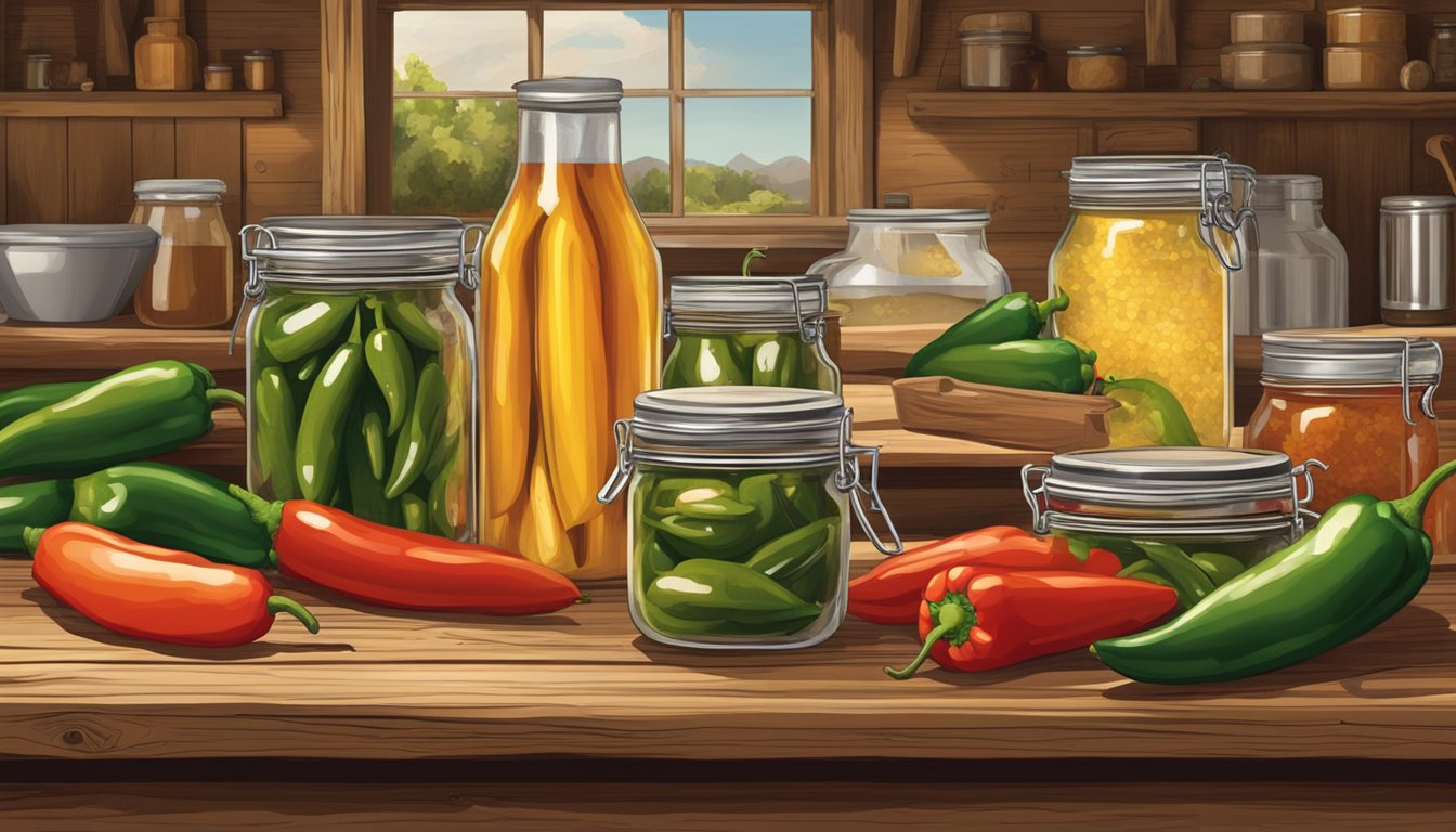 A rustic kitchen with jars of jalapeno peppers, sugar, and vinegar on a wooden table, surrounded by images of the Texas countryside