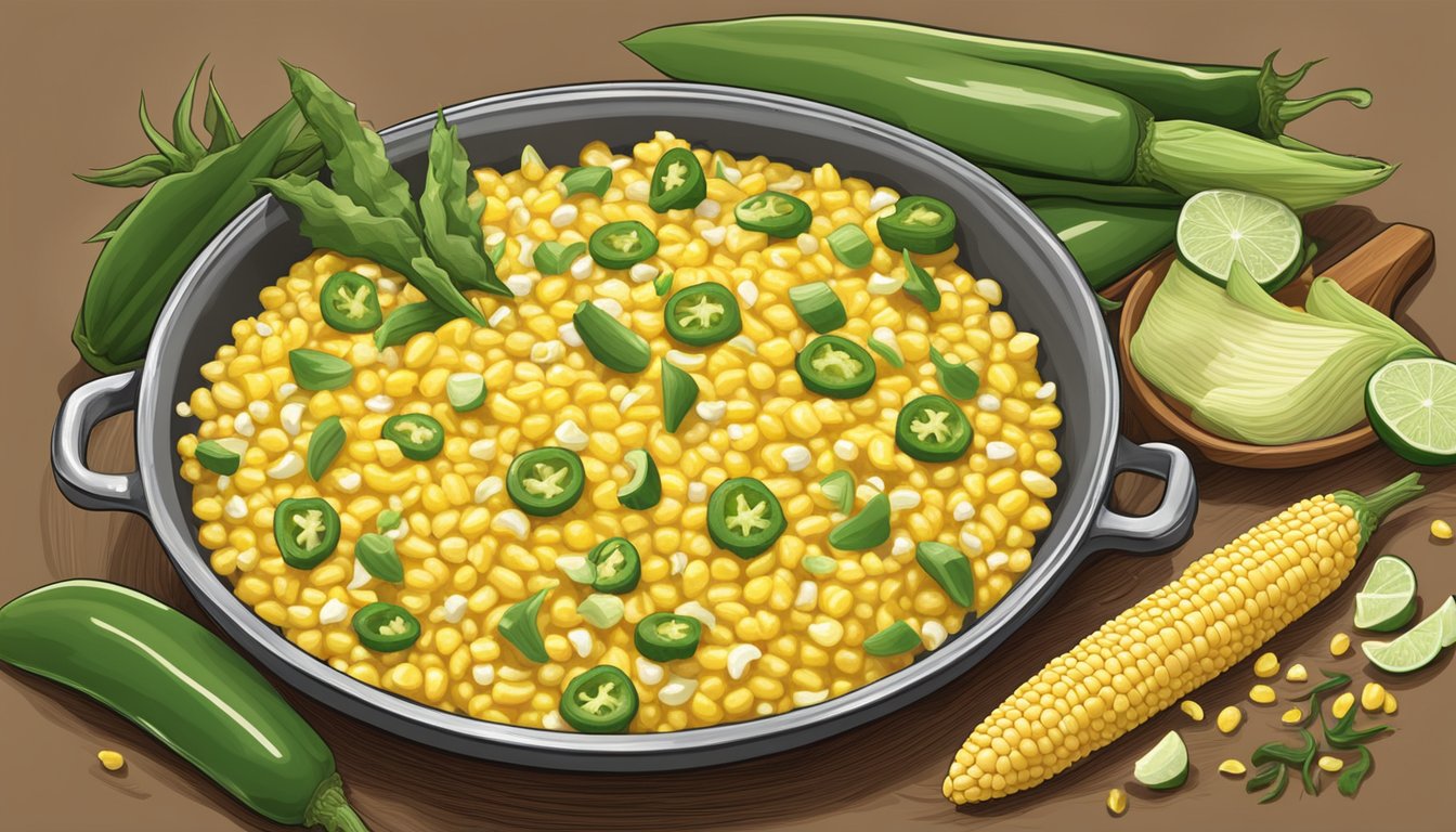 A steaming pot of Texas creamed corn surrounded by fresh corn cobs and vibrant green jalapeños