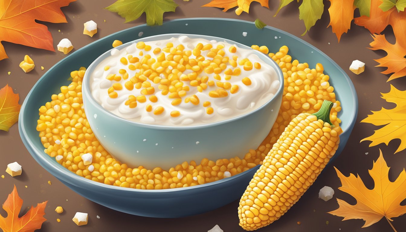 A steaming bowl of Texas creamed corn surrounded by vibrant autumn leaves and a scattering of snowflakes