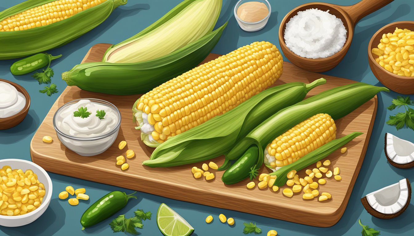 A wooden cutting board with a variety of alternative ingredients and substitutes for Texas creamed corn, such as fresh corn, coconut milk, and jalapeños