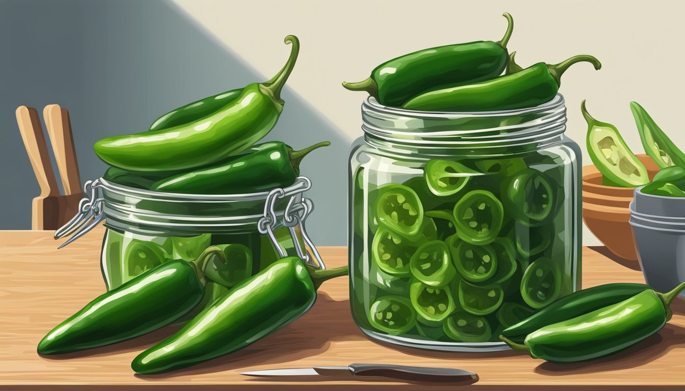 A jar of jalapeno jelly surrounded by fresh jalapenos, a cutting board, and a knife on a kitchen counter