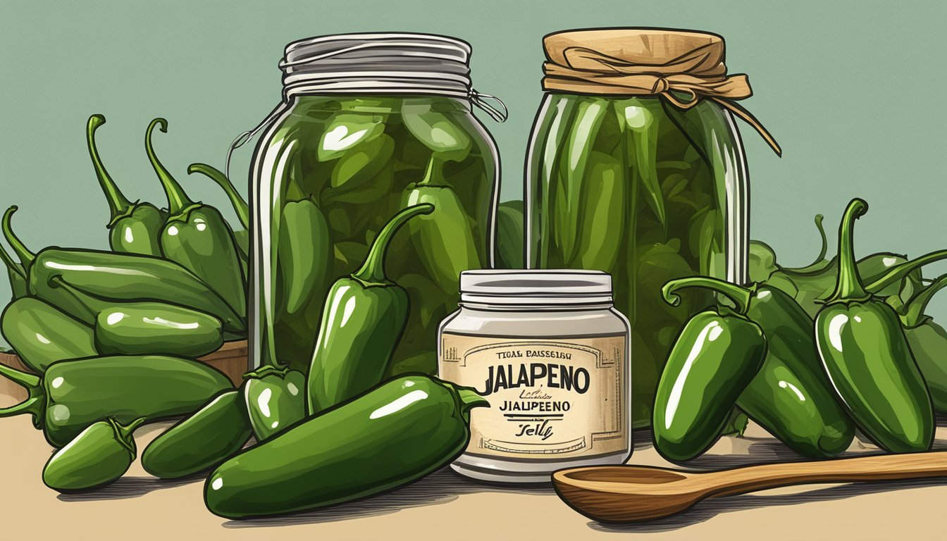 A jar of Texas jalapeno jelly surrounded by fresh jalapenos, a wooden spoon, and a decorative label