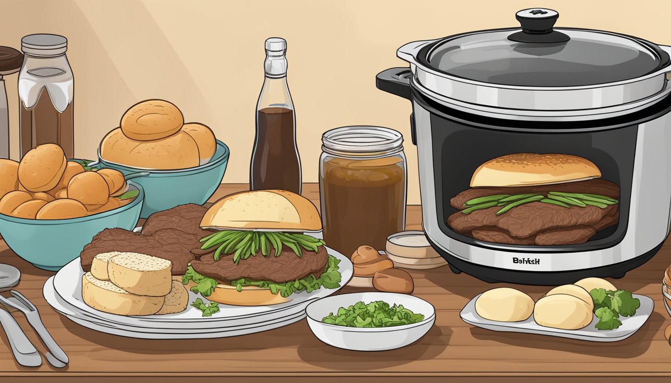 A crockpot filled with tender brisket, surrounded by fresh ingredients and a stack of sandwich buns, ready to be assembled