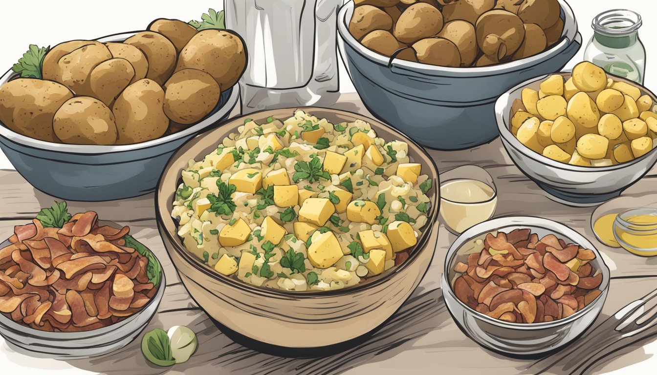 A picnic table set with a bowl of Texas German potato salad surrounded by ingredients like potatoes, onions, bacon, and a jar of mustard