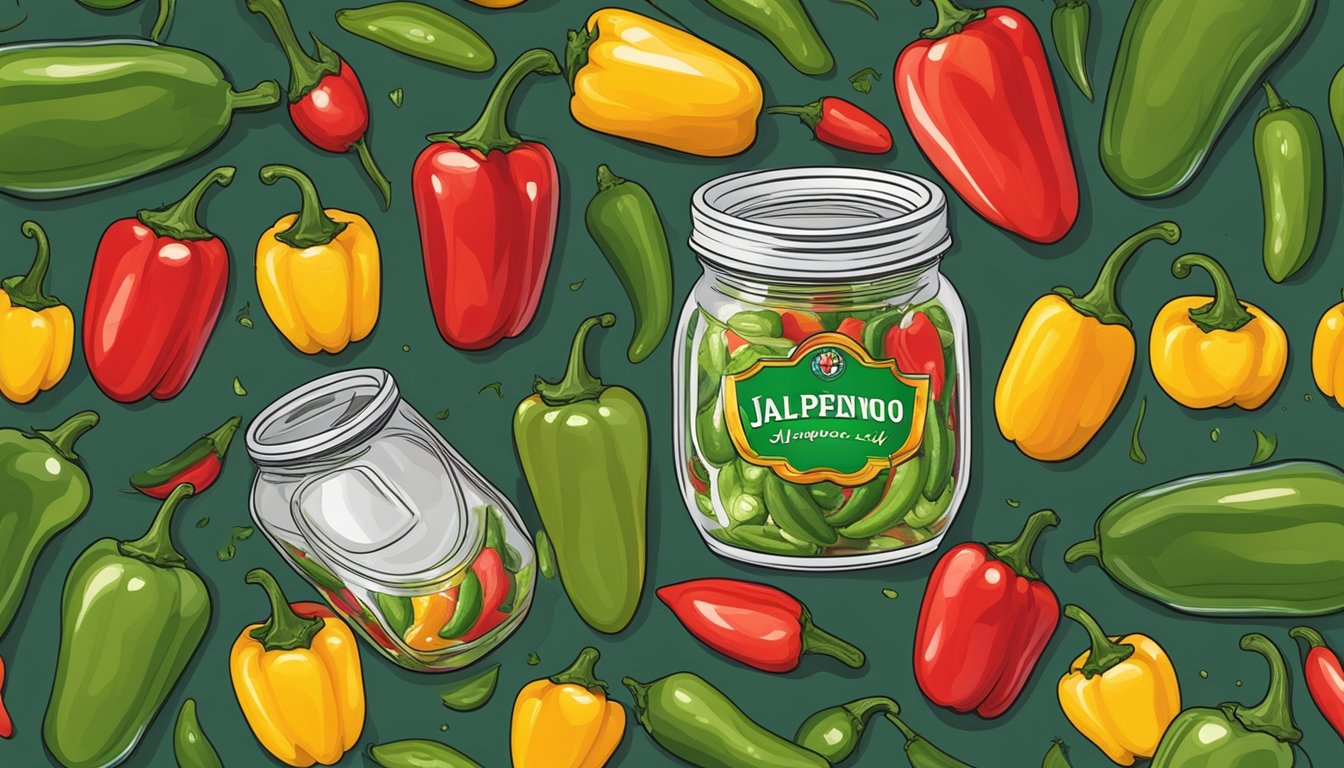 A jar of Texas jalapeno jelly surrounded by fresh jalapenos and colorful peppers