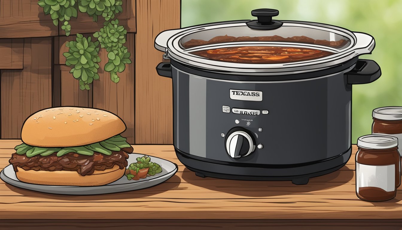 A bubbling crockpot filled with homemade BBQ sauce, next to a succulent Texas brisket sandwich on a rustic wooden table