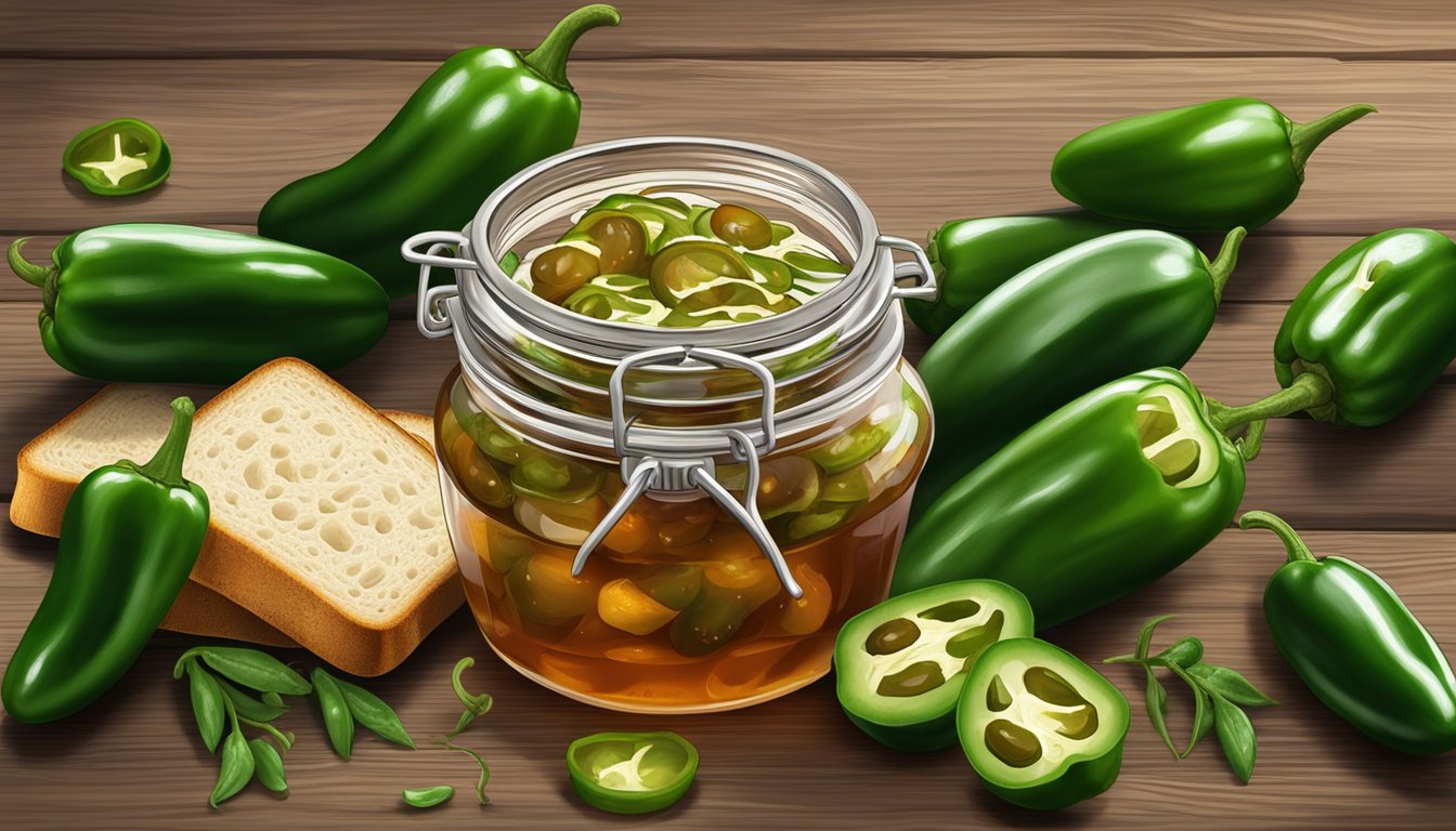 A jar of Texas jalapeno jelly sits on a rustic wooden table, surrounded by fresh jalapenos and slices of bread