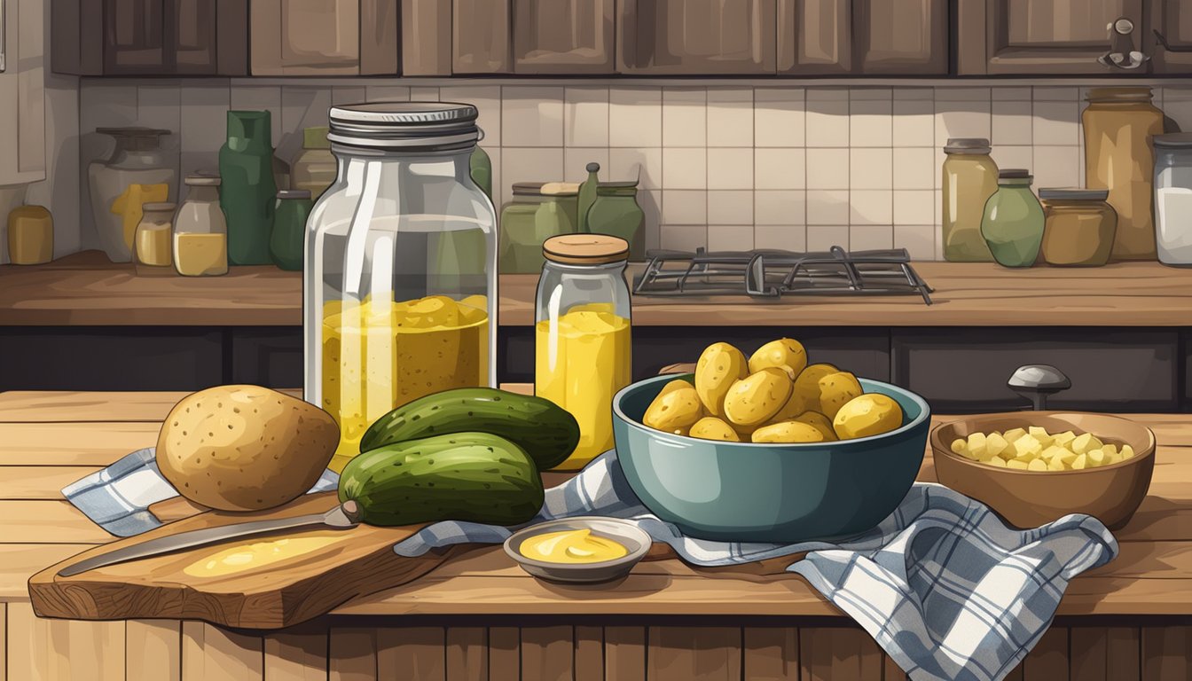 A rustic kitchen counter with a wooden cutting board, a bowl of boiled potatoes, a jar of pickles, and a bottle of mustard